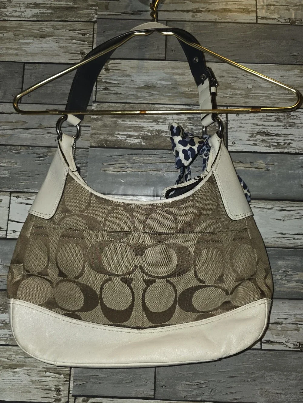 Coach Brown Signature Canvas Shoulder Bag with Cream and Navy Accents